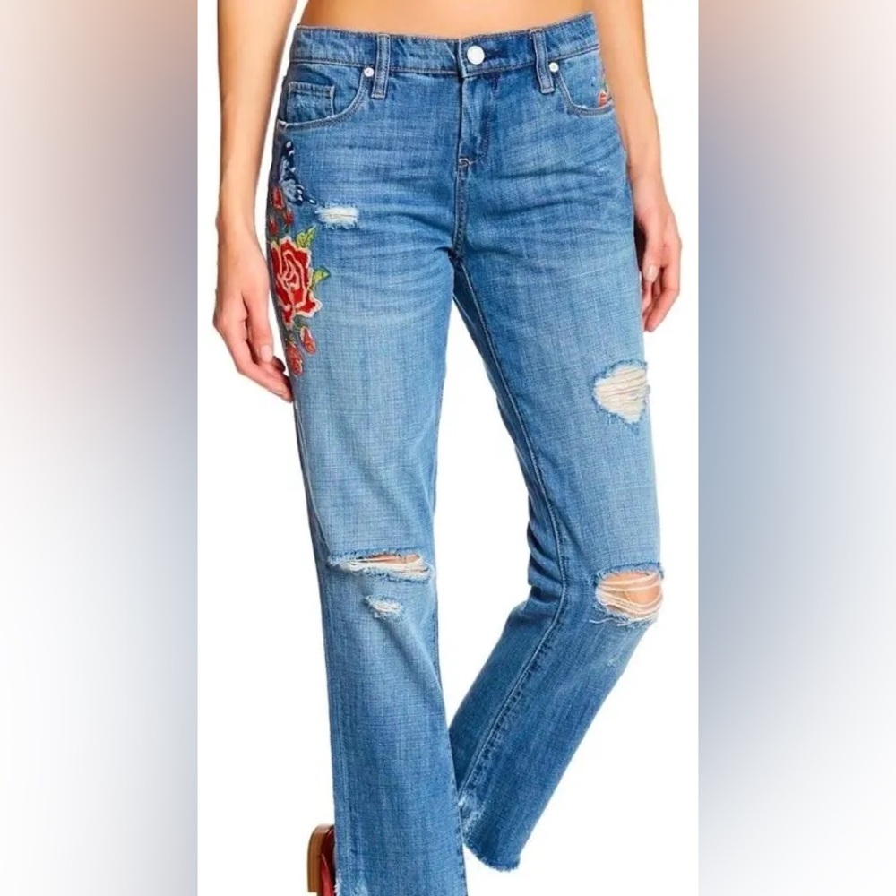 Blank NYC Embroidered Crop Boyfriend Jeans Red Roses Butterfly Size 25